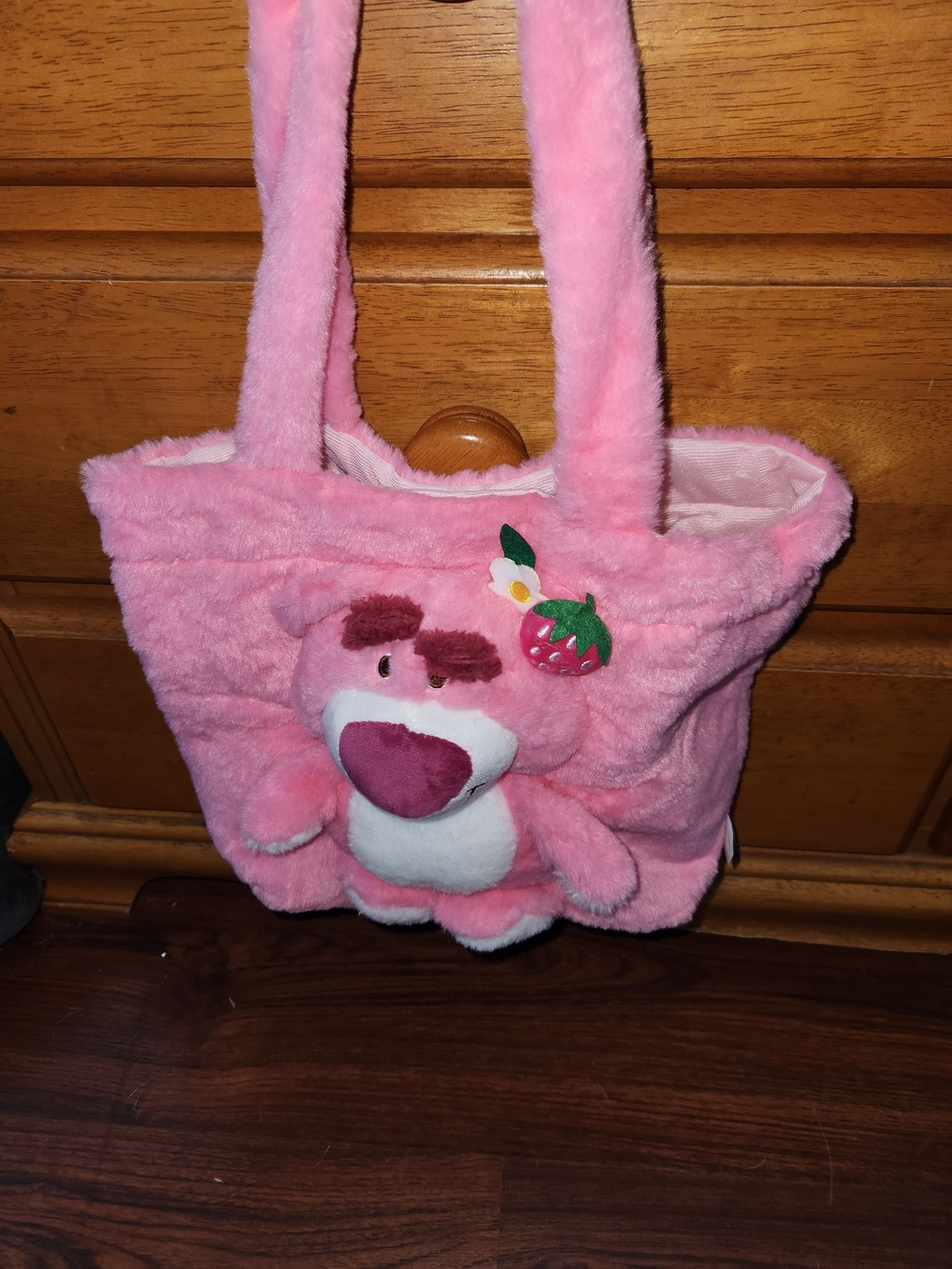 Pink Plush Bear Tote Bag with Strawberry Accent